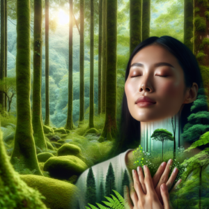 A serene image of a lush green forest with dappled sunlight filtering through the canopy. In the foreground, a person is seen with eyes closed, taking a deep breath, surrounded by towering trees and a carpet of soft moss underfoot, capturing the essence of mindfulness and tranquility in nature.