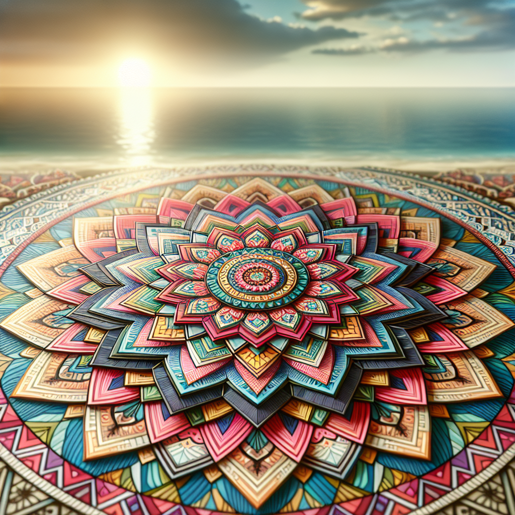 A vibrant and colorful mandala against a tranquil setting, with geometric patterns radiating in a circular form. The scene captures the harmony and symmetry often found in traditional mandalas, inviting the viewer into a meditative state. Soft lighting enhances the intricate details of the mandala, symbolizing focus and balance.