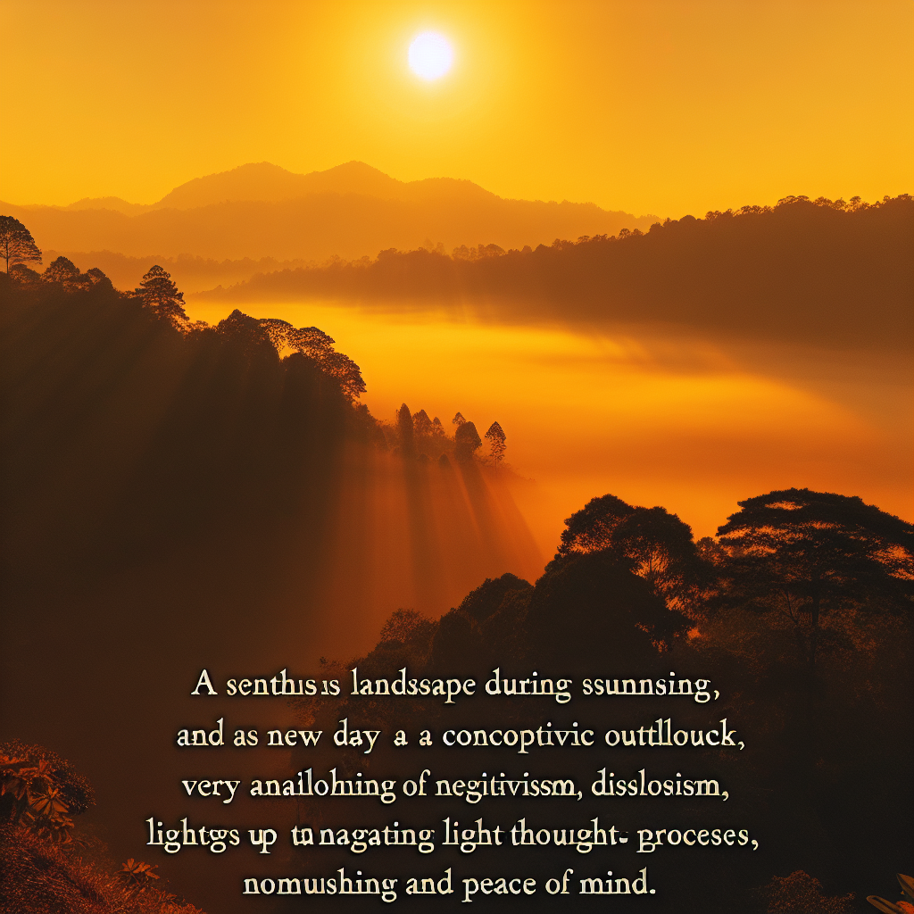A serene landscape at sunrise, symbolizing a new beginning and a positive mindset. The golden sun casts a warm glow over the horizon, melting away the shadows of negativity, much like the way gratitude illuminates the mind, fostering happiness and contentment.