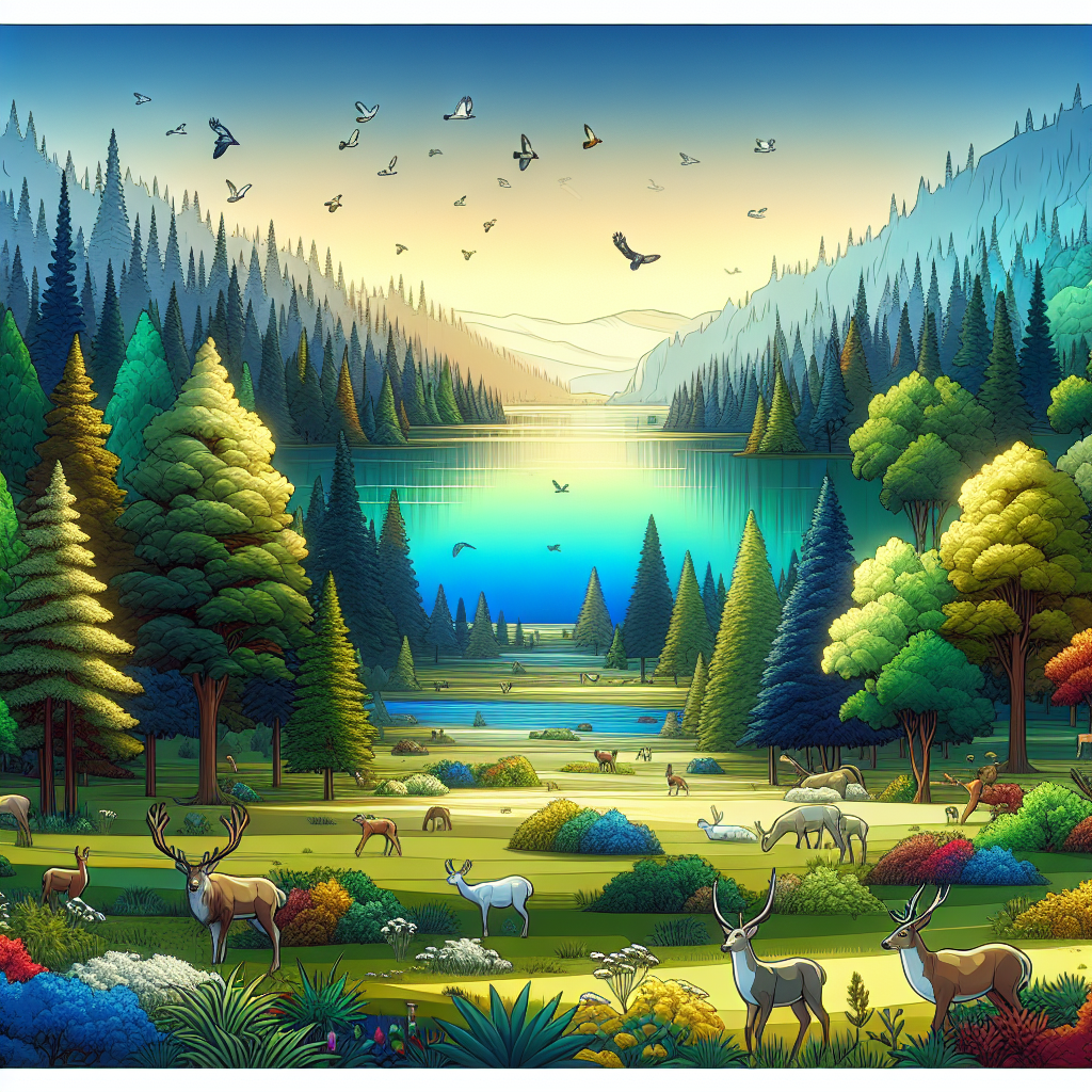 A serene, otherworldly landscape with a vivid, lush forest where mythical creatures like talking deer and vibrant birds reside. In the distance, a tranquil body of water mirrors the sky, evoking a sense of calm and creative potential.