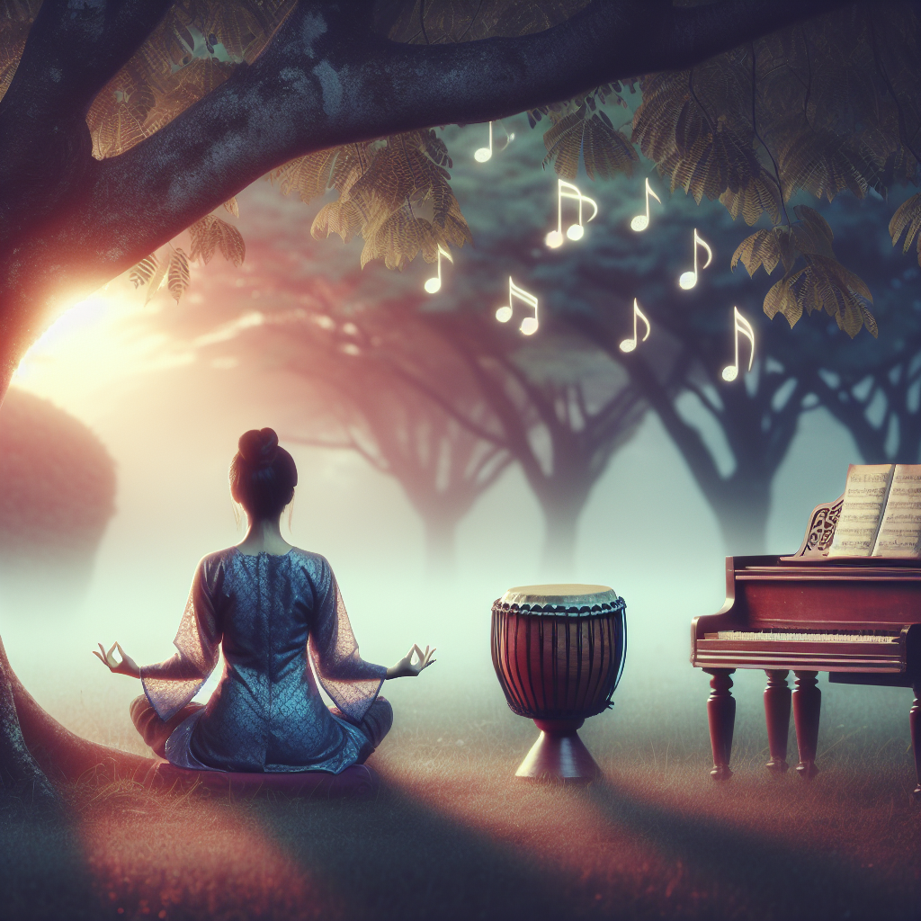 A serene image of a person meditating in a tranquil setting, with gentle musical notes floating around them representing melody and rhythm. Soft lighting creates an ethereal atmosphere, highlighting a small drum and piano in the background.
