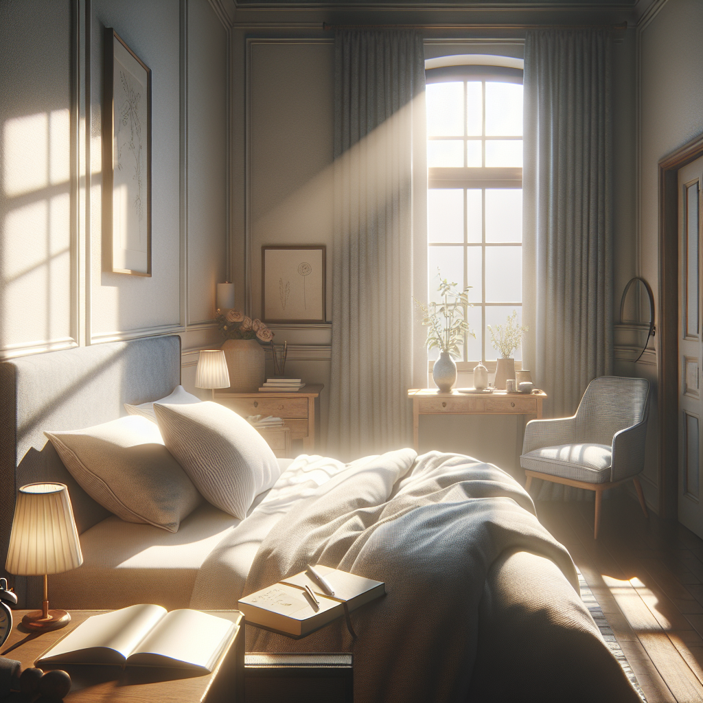 A serene bedroom setting at dawn, with soft morning light streaming through a window. A cozy bed with a journal and pen resting on the nightstand, inviting the reader to begin their morning pages. The atmosphere exudes calmness and the promise of a fresh start.