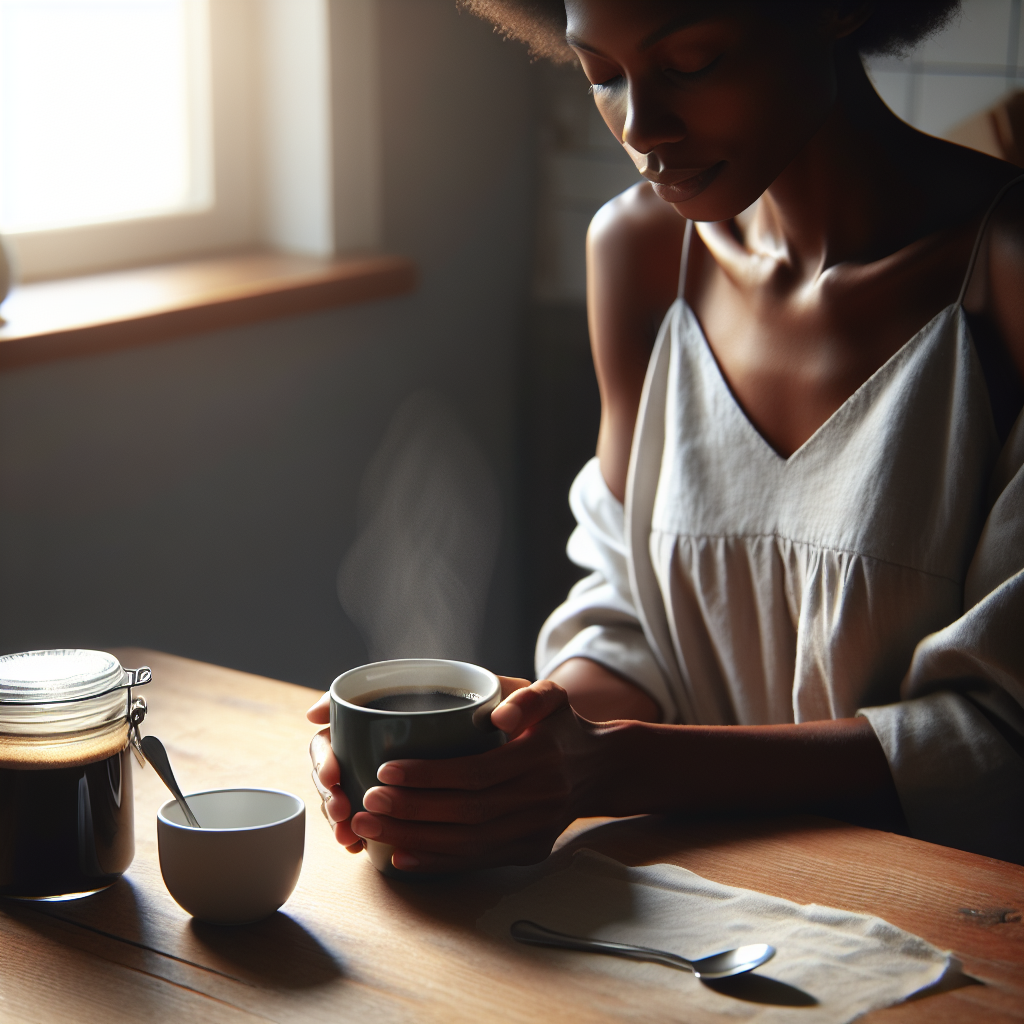 A serene morning scene with a person sitting at a kitchen table, gently holding a steaming mug of coffee. The light from a nearby window casts a soft glow across the room. An opened coffee jar and a small spoon rest beside the mug, emphasizing the simplicity and mindfulness of the moment.