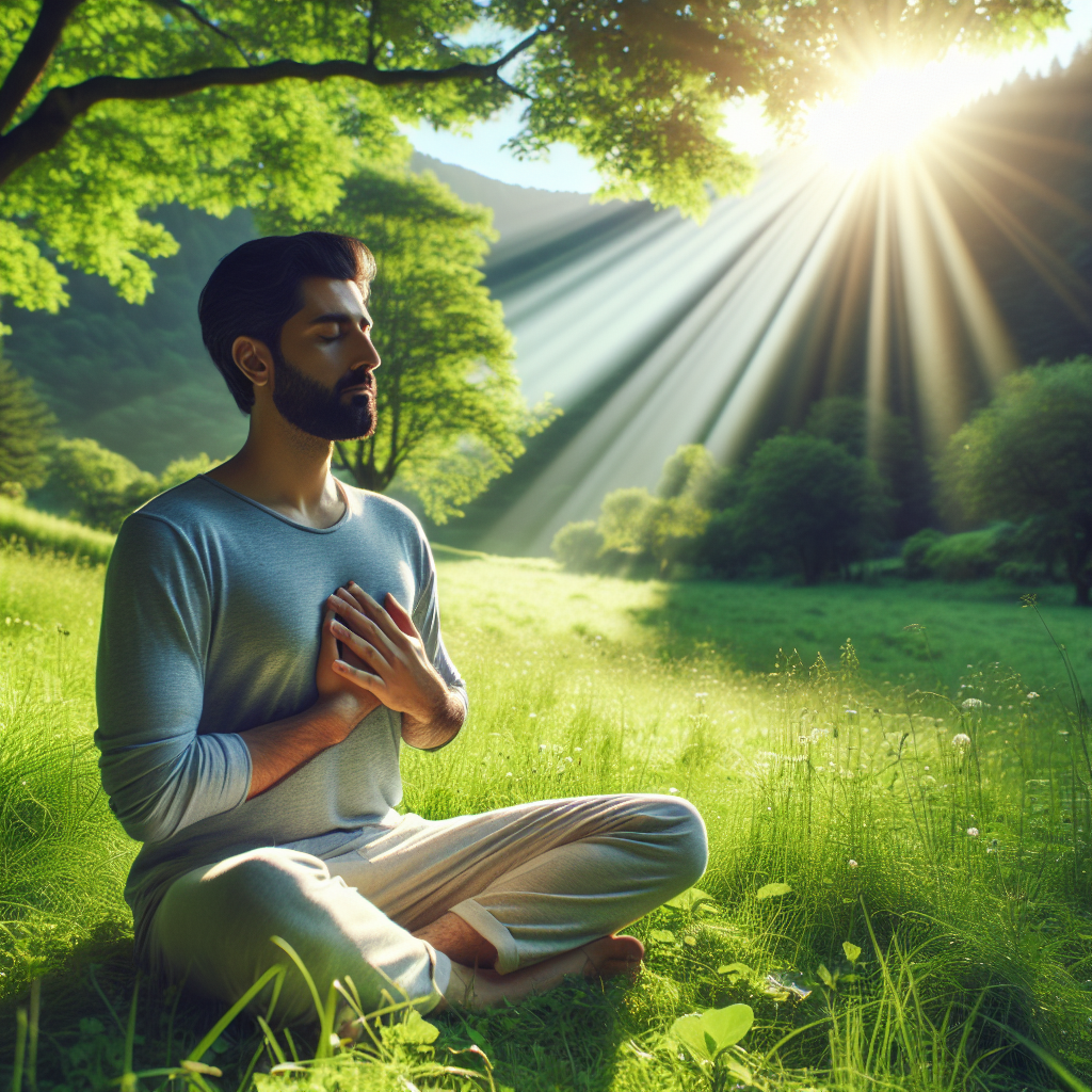 A serene image of a peaceful individual sitting cross-legged on a lush green meadow, focusing on deep diaphragmatic breathing with one hand on their chest and the other on their belly. Soft sunlight filters through the trees, casting gentle shadows on the ground, symbolizing the calm and relaxation brought by diaphragmatic breathing.