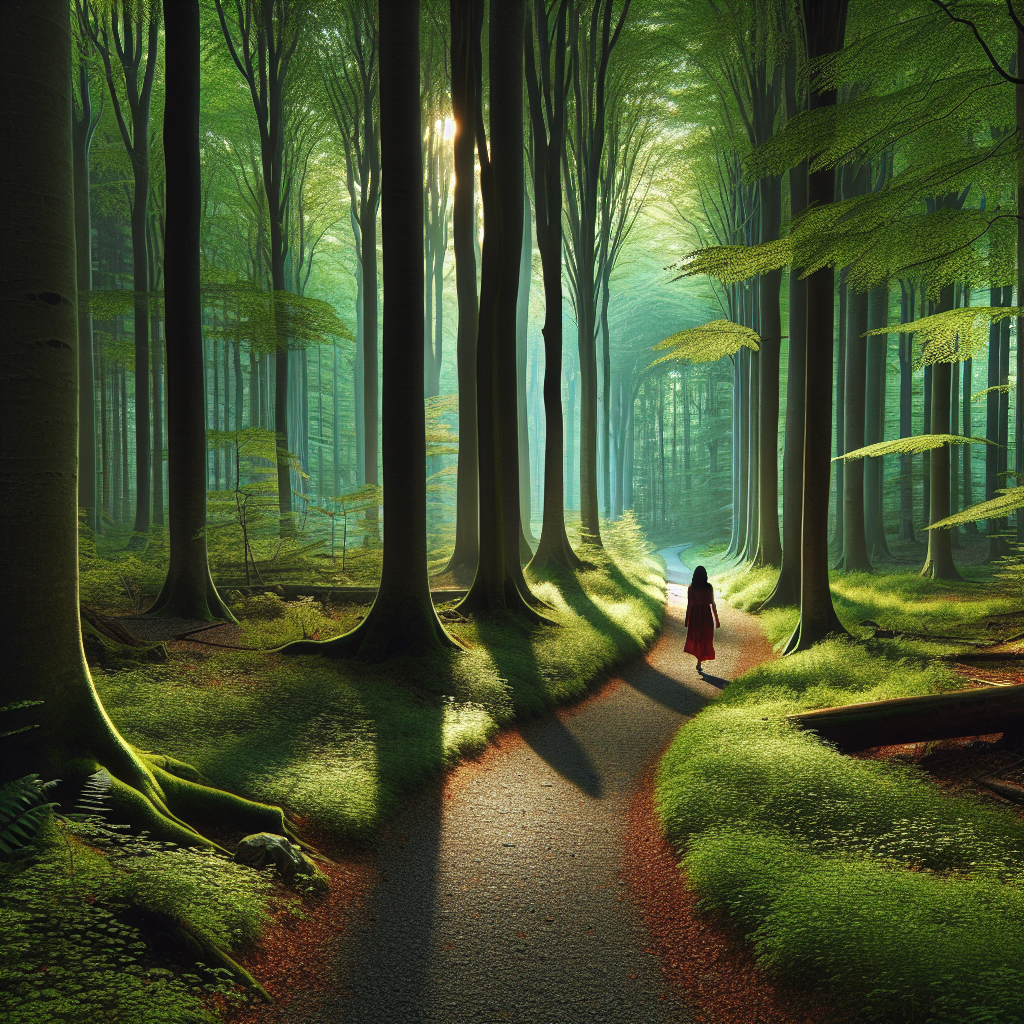 A serene forest setting with a narrow path winding through tall, lush green trees. The soft morning light filters through the canopy, creating dappled shadows on the forest floor. A lone figure leisurely walks along the trail, inhaling the fresh forest air, fully immersed in the tranquility of nature.