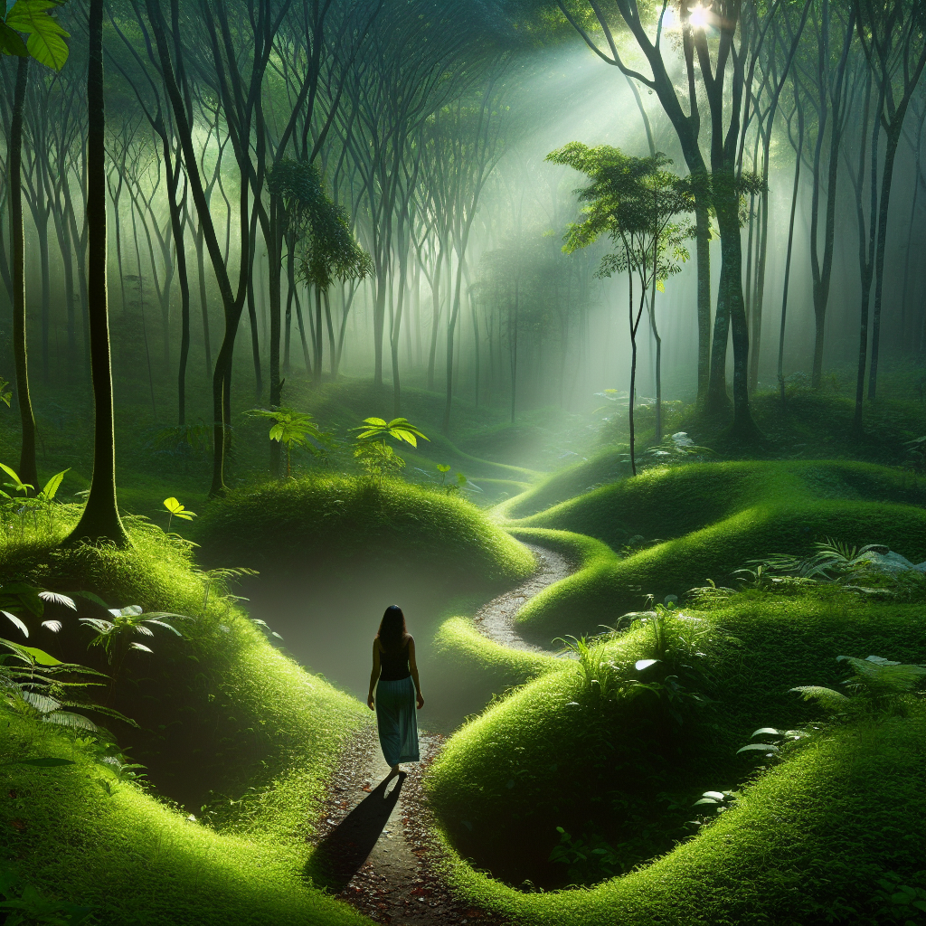 A serene image capturing a dense, lush green forest bathed in soft morning sunlight, with a gentle mist hovering above the ground. A lone figure can be seen walking slowly along a meandering path, their arms relaxed by their sides, symbolizing a deep connection and immersion with the natural world.