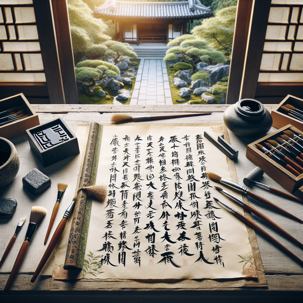 An overhead shot of a traditional calligraphy workspace. The image shows an open ancient calligraphy book with beautiful, flowing scripts, surrounded by brushes, ink stones, and a peaceful Zen garden in the background. Natural sunlight highlights the delicate strokes of characters on rice paper.