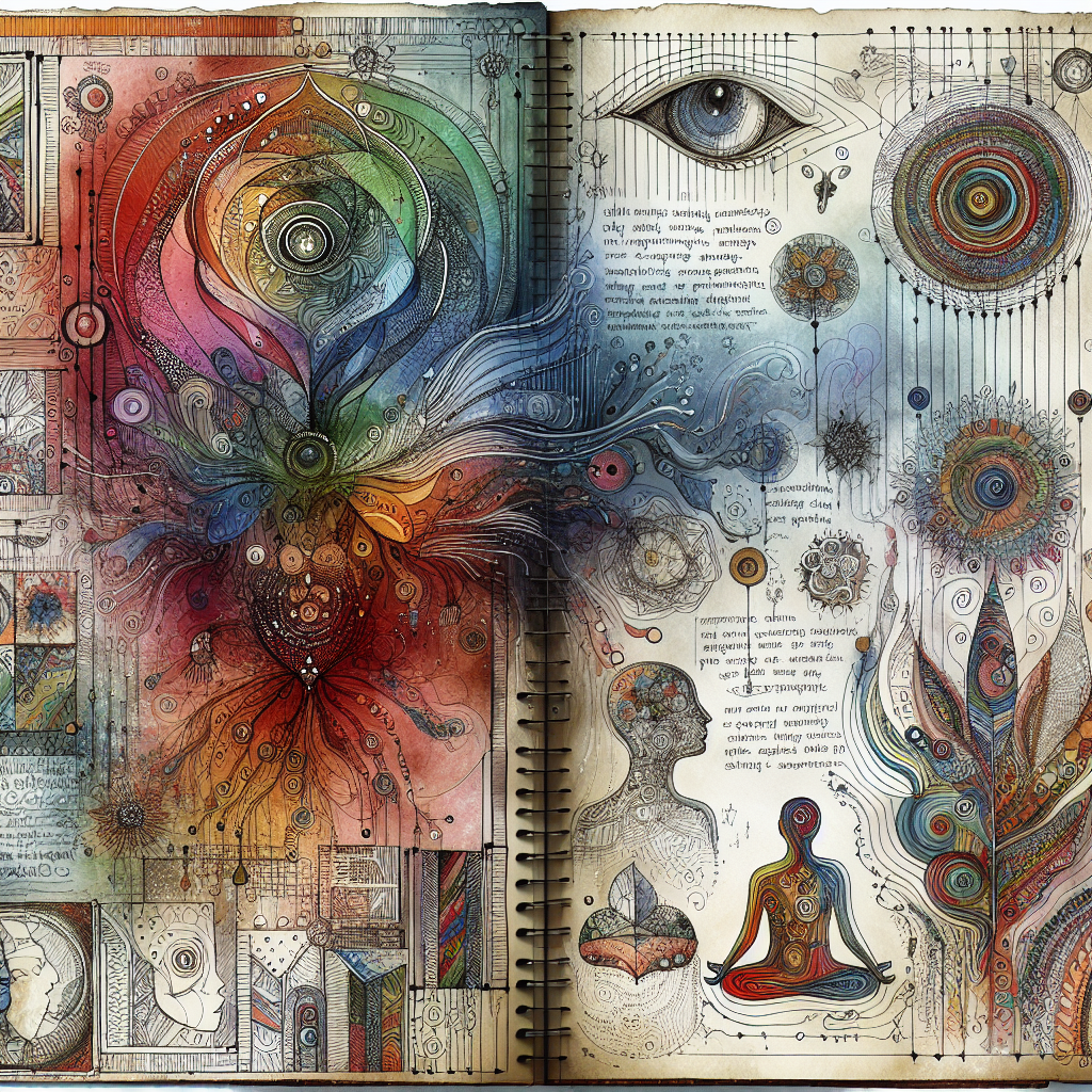A vibrant spread of an art journal showing a combination of colorful sketches, mixed media art, and handwritten reflections, depicting a range of emotions and experiences. The journal pages are stylized with doodles and clippings, capturing the essence of personal exploration and emotional expression.