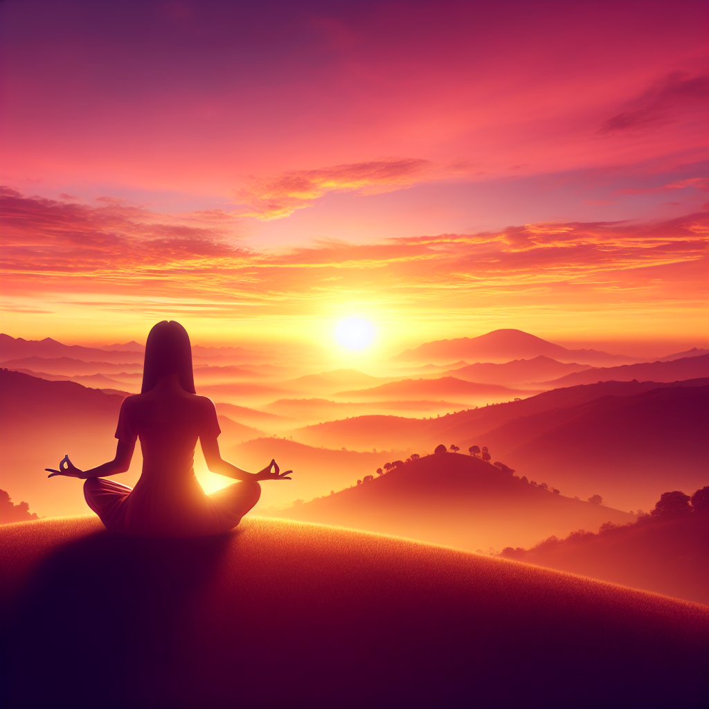 A serene landscape at dawn with a person meditating on a hilltop, the warm glow of the rising sun illuminating the scene. The sky is a mixture of pink and orange hues, symbolizing tranquility and new beginnings. The calmness of the surrounding nature complements the inner peace of the meditator, reflecting the core essence of meditation.