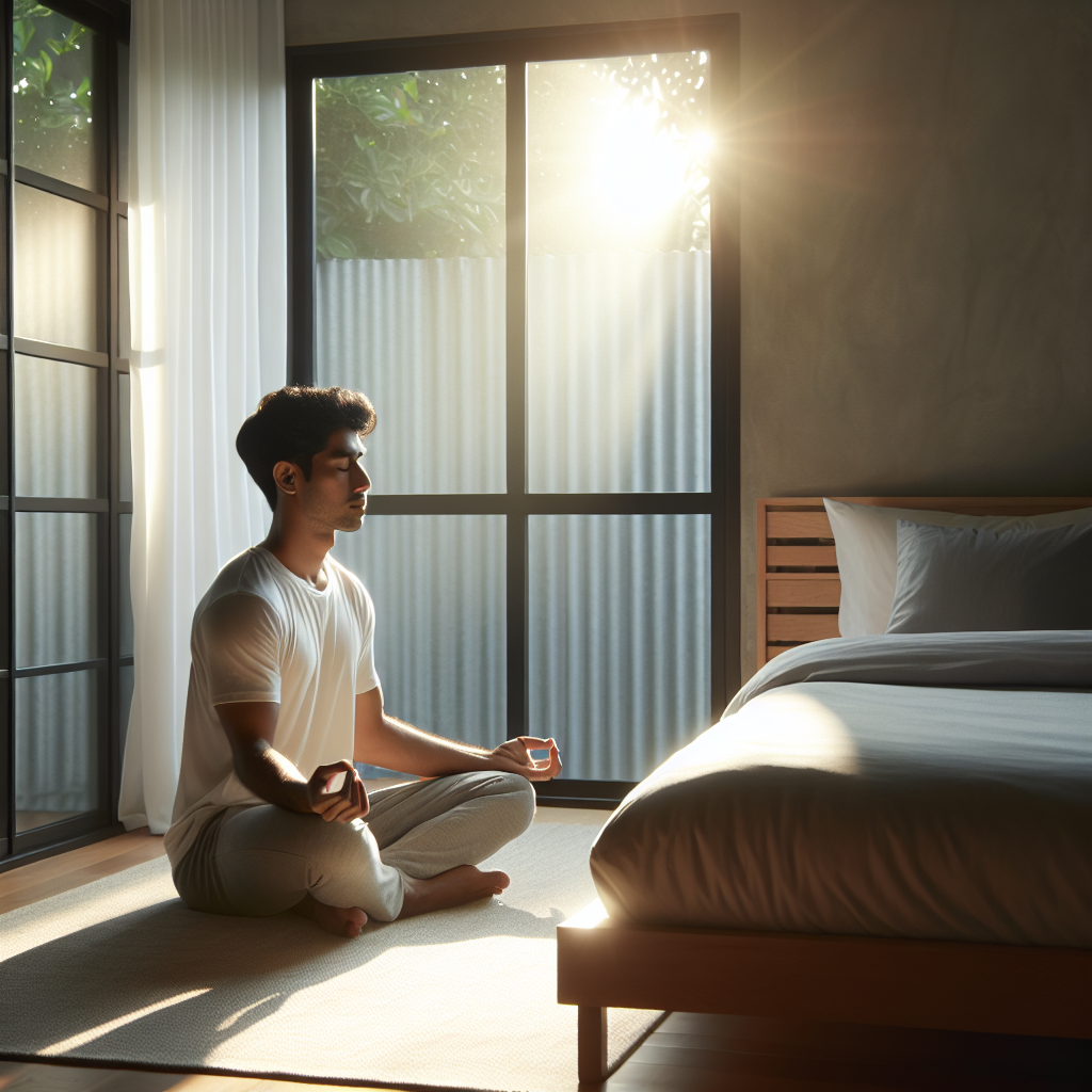 A serene bedroom setting with soft morning light streaming through the window, a person sitting cross-legged on their bed, eyes closed in peaceful meditation, focusing on their breath. The room is minimalist, exuding a calm and intentional atmosphere.