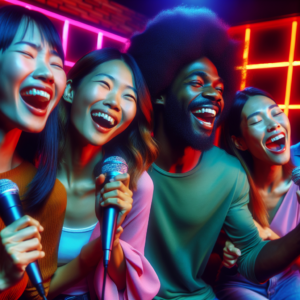 A vibrant image of a diverse group of people singing joyfully in a karaoke bar, capturing their carefree expressions and contagious energy. The background shows neon lights and a lively atmosphere, emphasizing the theme of emotional release and connection.