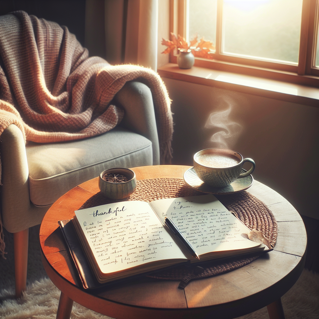 A serene morning scene showing a cozy coffee table by a window, with a steaming cup of coffee, an open notebook with handwritten gratitude entries, and a soft blanket draped over a chair, creating a warm and inviting atmosphere.