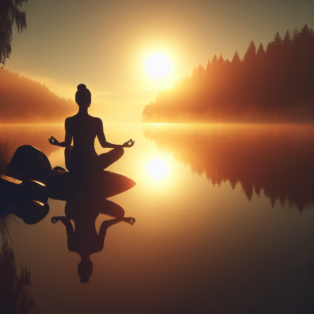 An image of a tranquil nature scene at sunrise, with a lone figure practicing meditation by a serene lake, symbolizing the reflective journey of self-awareness and spiritual growth.