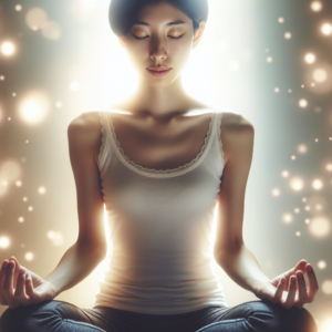 A serene image of a person sitting cross-legged in meditation. They are surrounded by soft, ambient lighting that suggests tranquility. Their eyes are closed, and their hands rest gently on their knees, while a subtle glow around them symbolizes inner calm and the power of deep breathing.