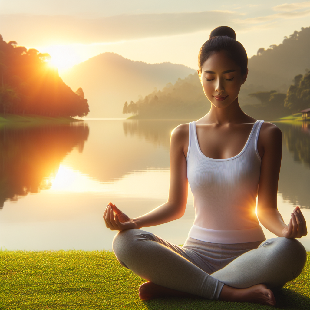 A serene image of a person sitting cross-legged in a tranquil outdoor setting, eyes gently closed, and hands resting on their knees in a meditative posture. The backdrop features a gentle sunrise or sunset, reflecting off a calm lake, symbolizing peace and focus. This image echoes the calming effect of mindful breathing amidst nature.