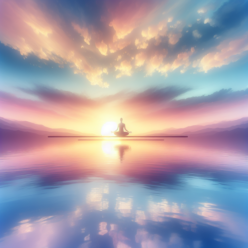 A serene landscape of a peaceful sunrise over a calm lake, symbolizing the balance and emotional harmony achieved through gratitude practices. Soft pastel colors reflect tranquility and hope.