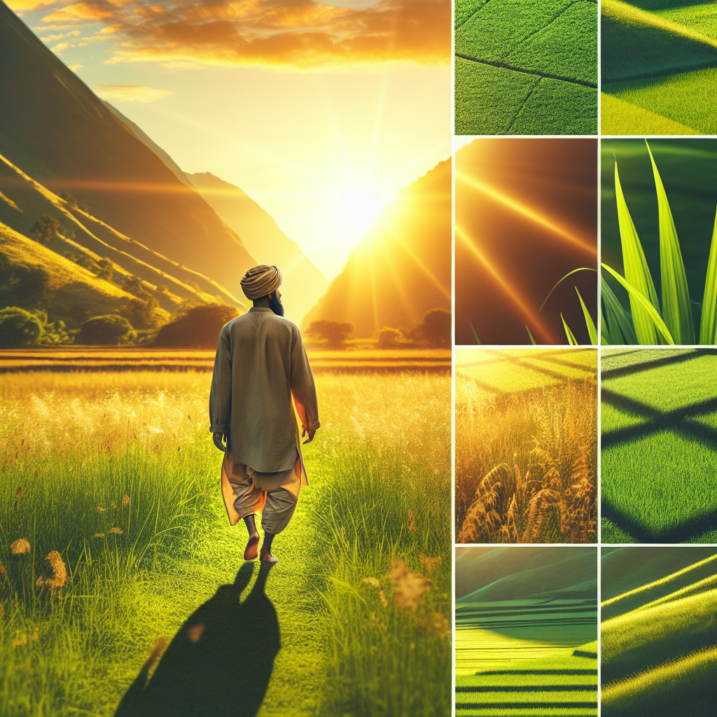 A serene image of a person walking barefoot on a lush, green grass-covered field during sunset. The warm, golden light bathes the landscape, highlighting the natural textures and creating a sense of peace and connection with nature.