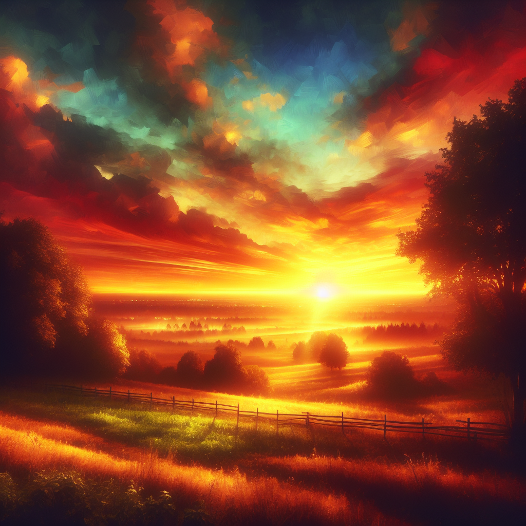 A bright sunrise over a serene landscape, symbolizing the beginning of a new day filled with joy and possibilities. The colors of the sky reflect warmth and positivity, inviting viewers to embrace happiness.