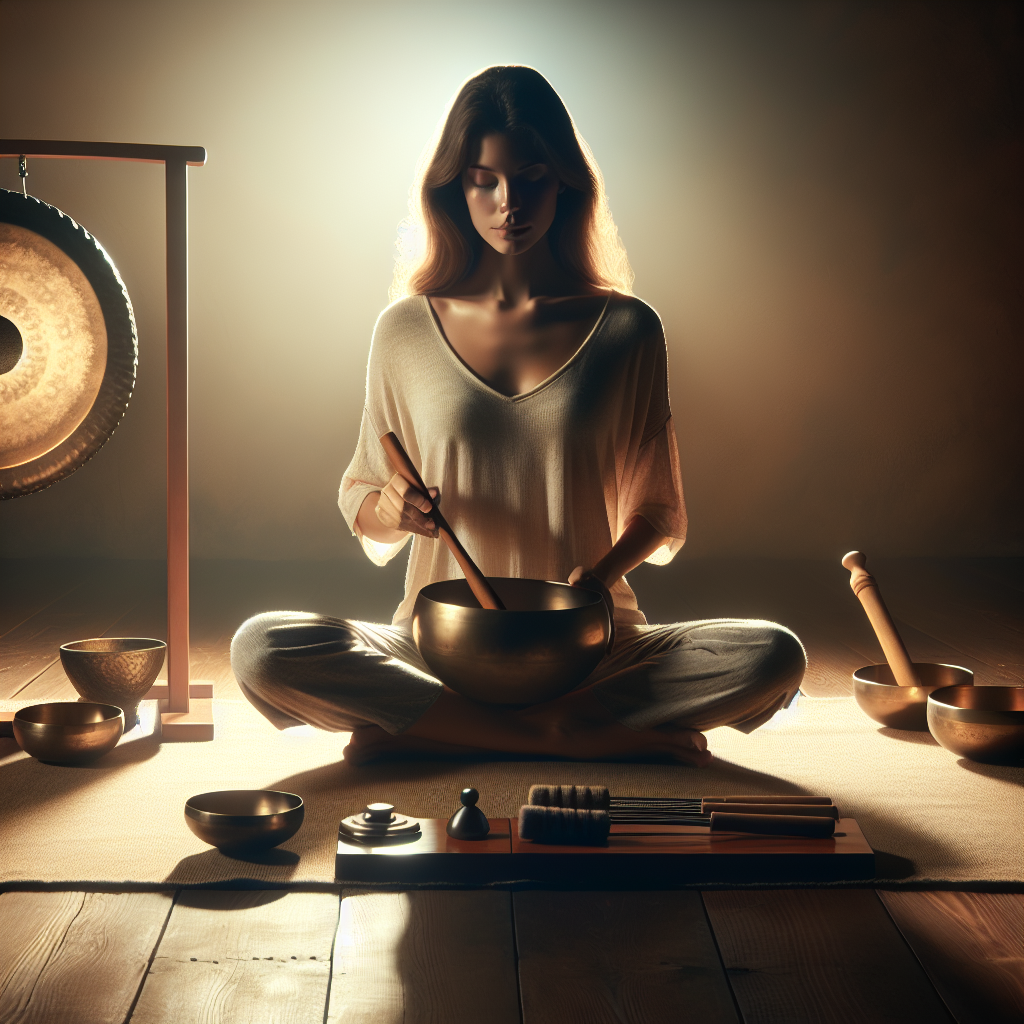 A tranquil scene of a person sitting cross-legged in a meditative pose surrounded by Tibetan singing bowls, a gong, and tuning forks. Soft ambient light casts a warm glow, emphasizing the serene atmosphere, as the person gently strikes a bowl, creating soothing sound vibrations that ripple through the space.