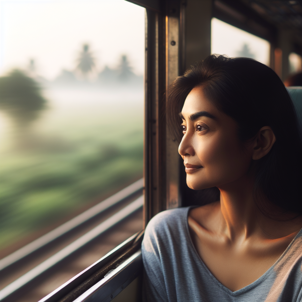 A serene image of a commuter gazing out of a train window with soft morning light streaming in, highlighting the commuter’s relaxed expression. Outside the window, a blurred landscape passes by, symbolizing the journey and the practice of mindful observation.