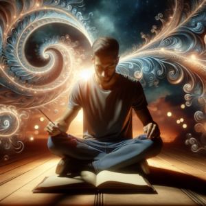 A serene image of a person sitting cross-legged with a reflective journal open in front of them, surrounded by gentle, swirling patterns representing thoughts and emotions coming into alignment, evoking a sense of growing self-awareness and mindfulness.