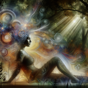 An ethereal scene of a person lounging comfortably in nature, with soft sunlight filtering through trees. Their relaxed expression hints at a drifting mind, surrounded by semi-transparent, colorful swirls and abstract symbols, symbolizing imaginative and intuitive thoughts.