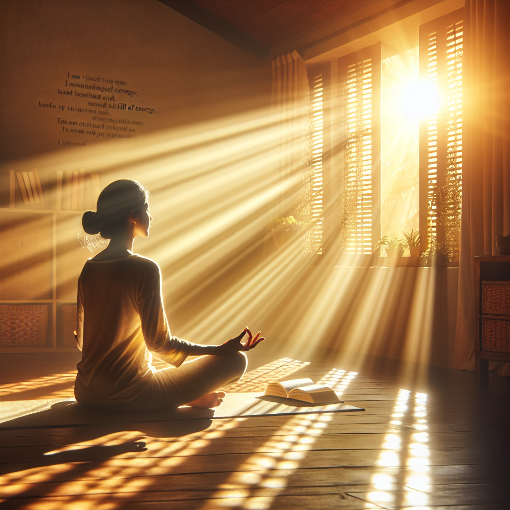 An image of a serene morning scene with a sunlit room and a person sitting cross-legged on a yoga mat, reciting mantras with an aura of calmness. Sun rays gently streaming through the window illuminate motivational words like 'I am vibrant and full of energy'.
