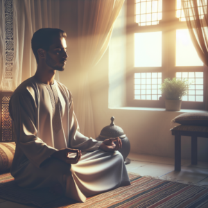 An early morning scene of a person sitting cross-legged on a cushion in a quiet room. Soft sunlight filters through sheer curtains, illuminating the tranquil space. The person has eyes gently closed, hands resting on knees in a mudra position, embodying calm and focus. A small plant or candle may sit nearby, adding to the peaceful ambiance.