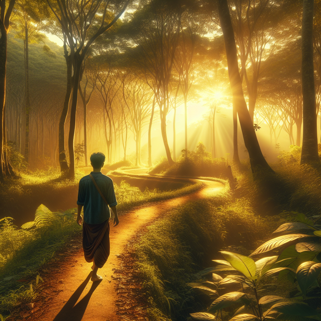 A serene landscape featuring a winding forest trail bathed in the golden hues of dawn. A person walks mindfully along the path, barefoot, with a soft gaze and relaxed posture. The surrounding trees are tall and lush, with sunlight filtering through the leaves, casting dappled shadows on the ground. The image captures the essence of being fully present in nature, highlighting the connection between the individual and the natural world during walking meditation.