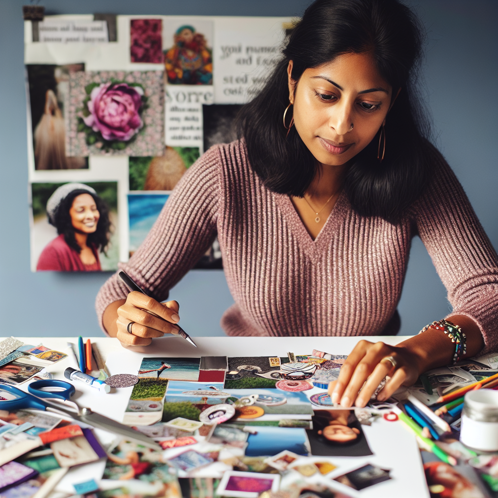 A person sitting at a table covered with magazines, photos, and craft materials, thoughtfully arranging images and words on a large poster board to create a vision board.