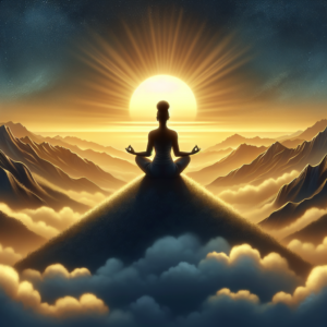 An illustration of a person sitting peacefully in lotus position atop a serene mountain peak during sunrise. Soft light bathes the scene, clouds float below, and the sky transitions from night to day, symbolizing enlightenment and inner peace.