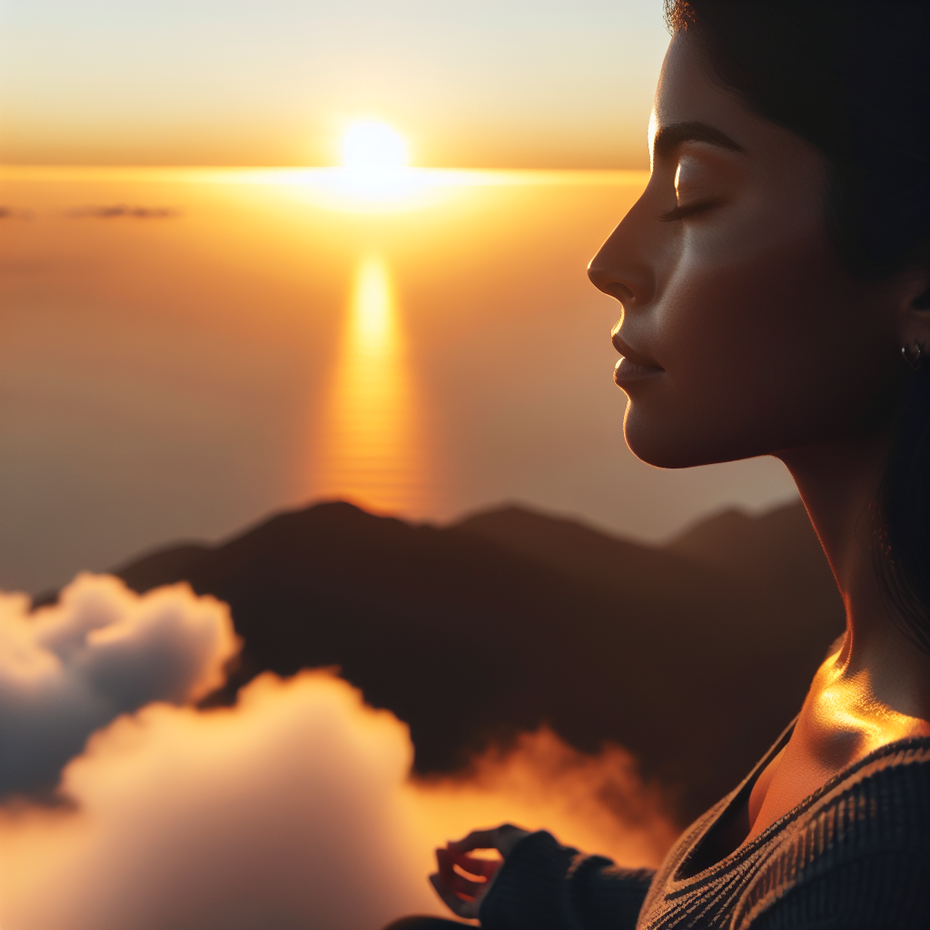 An individual sitting peacefully on a mountaintop at sunrise, eyes closed in meditation. The soft glow of the early morning sun bathes the scene, with clouds drifting gently below, symbolizing thoughts passing by without judgment.