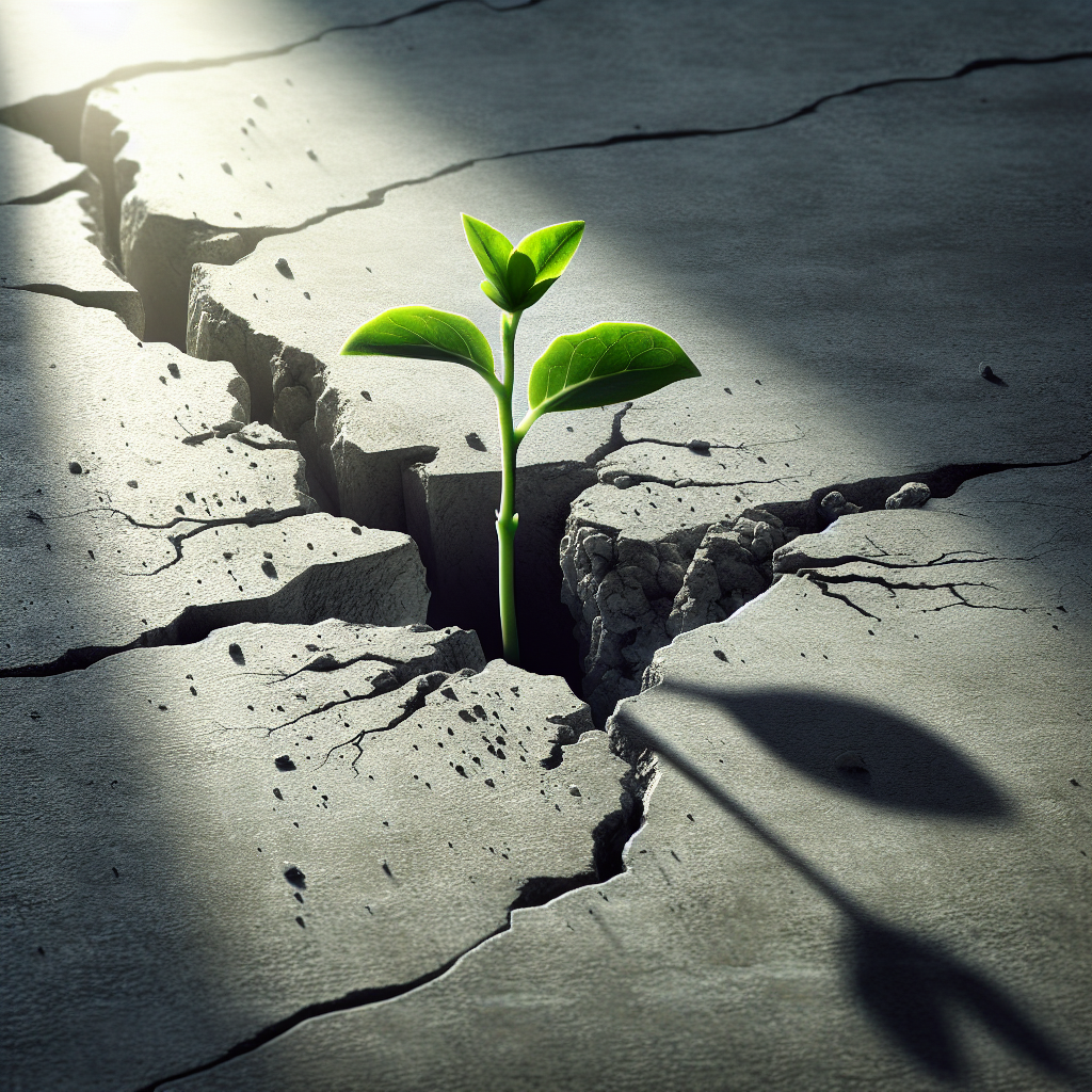An illustration of a young plant breaking through concrete ground, symbolizing growth and the ability to overcome obstacles. The imagery represents the concept of viewing challenges as opportunities for development rather than barriers.