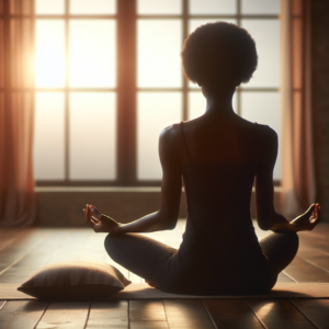 A peaceful scene of a person sitting cross-legged on a cushion in a quiet room, eyes gently closed, with soft morning light filtering through a window. The atmosphere is calm, highlighting the serenity of mindful meditation at the start of the day.
