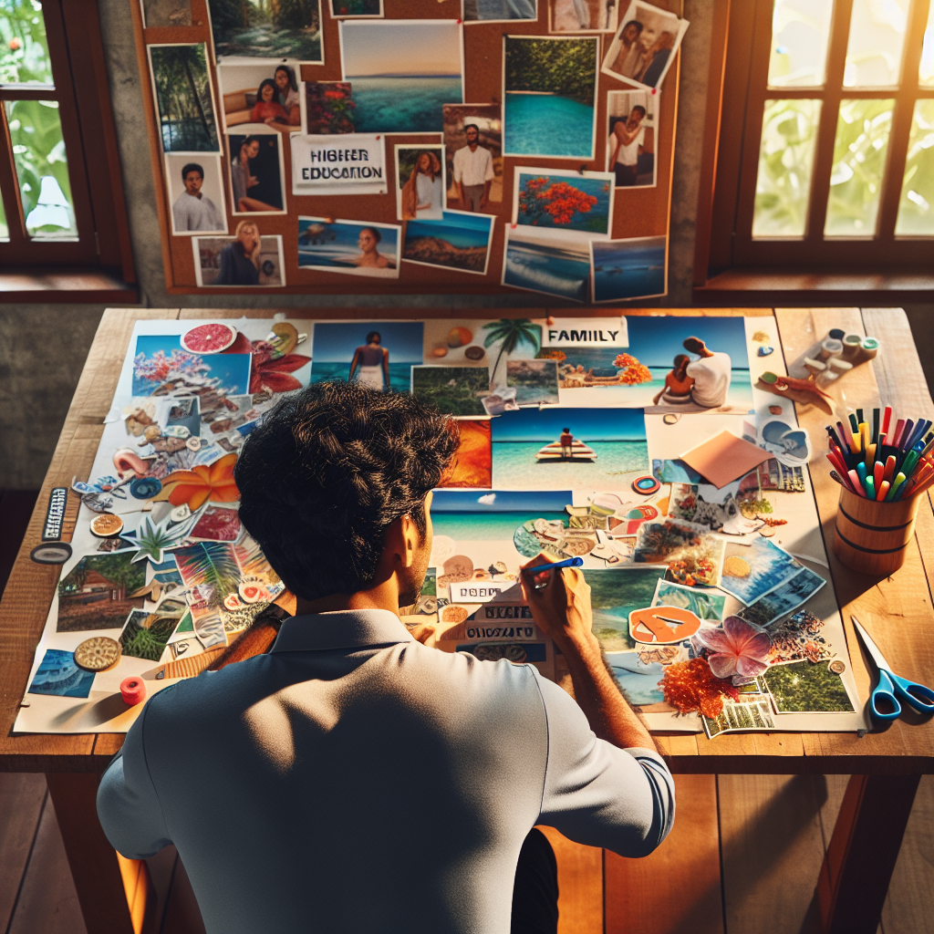 An individual sitting at a desk, thoughtfully creating a vision board filled with images and words representing various personal goals and dreams; sunlight streams through a window, illuminating the collage.