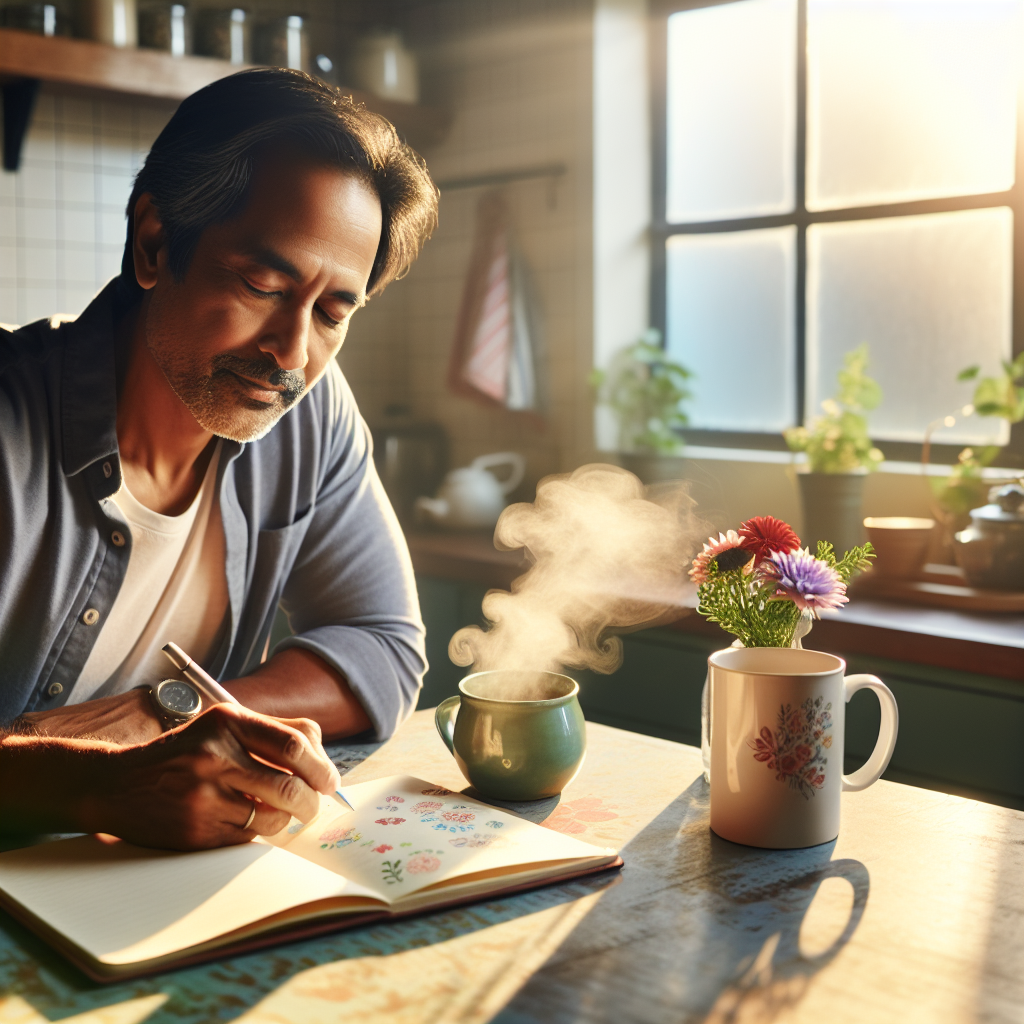 A person sits peacefully at a sunlit kitchen table, penning entries into a gratitude journal. The table holds a steaming cup of coffee and a small vase with fresh flowers, symbolizing appreciation for life's simple pleasures. Through the window, a bright morning sky suggests a fresh start filled with positivity.