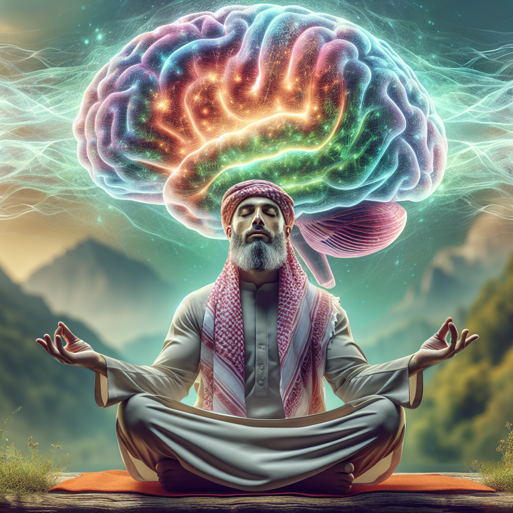 An image of a person meditating in a tranquil natural setting, with a translucent overlay of their brain showing highlighted areas in vibrant colors. The brain illustration emphasizes regions with increased grey matter density, symbolizing the lasting positive changes in brain structure due to regular mindfulness and meditation practices.