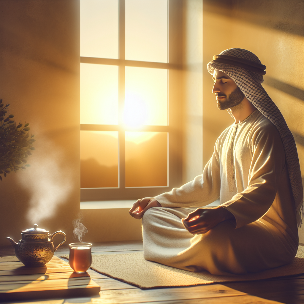 A serene image of a person sitting cross-legged on a cushion beside a large window at sunrise, eyes gently closed in meditation. Soft golden light floods the room, highlighting a peaceful smile on their face. A steaming cup of herbal tea rests on a low table nearby, and the ambiance exudes calmness and the fresh start of a new day.