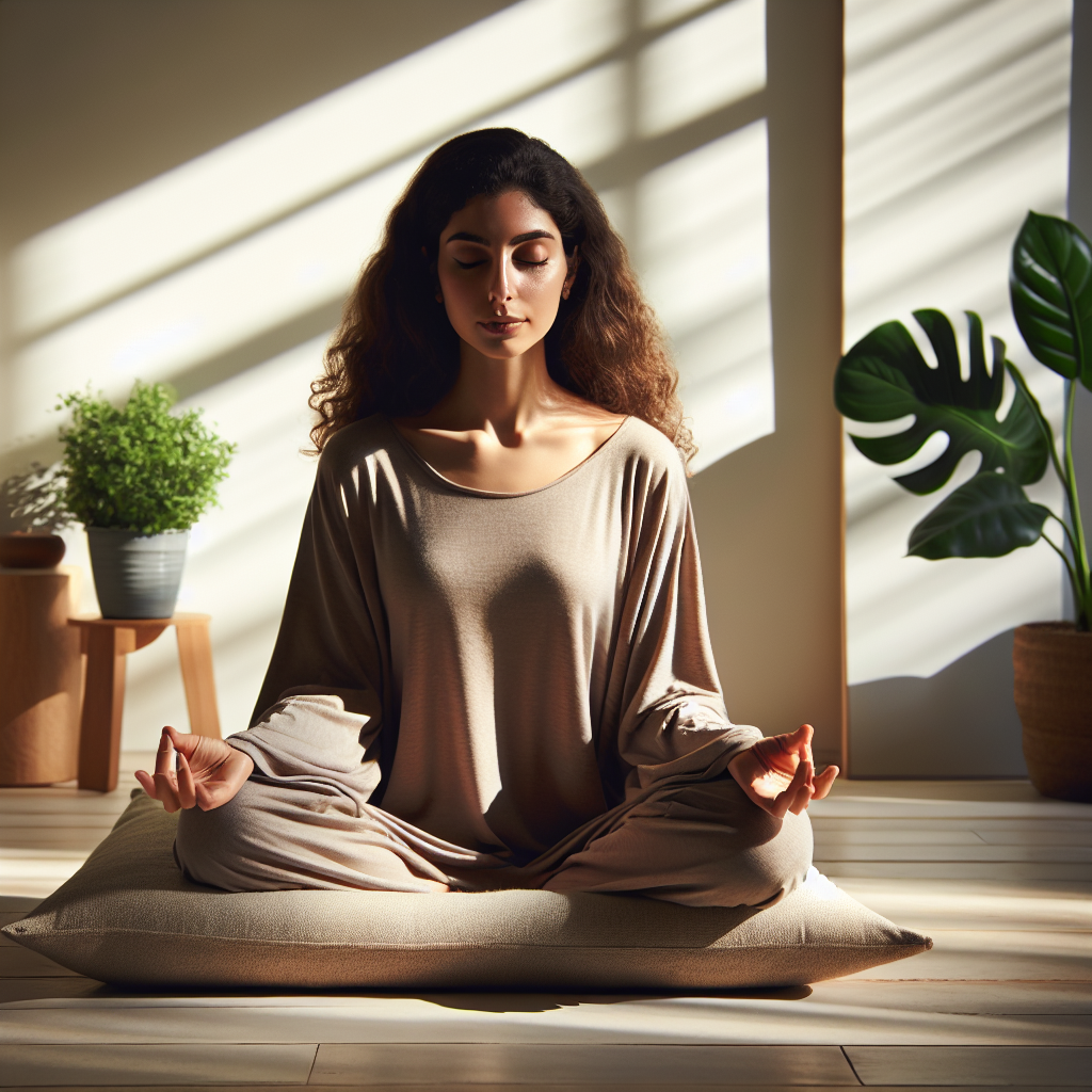 An individual sitting peacefully in a serene environment, perhaps on a cushion or yoga mat, eyes closed and hands resting gently on their knees in a meditation pose. Soft natural light filters through the window, and the background includes elements like indoor plants or minimalist decor to emphasize tranquility.