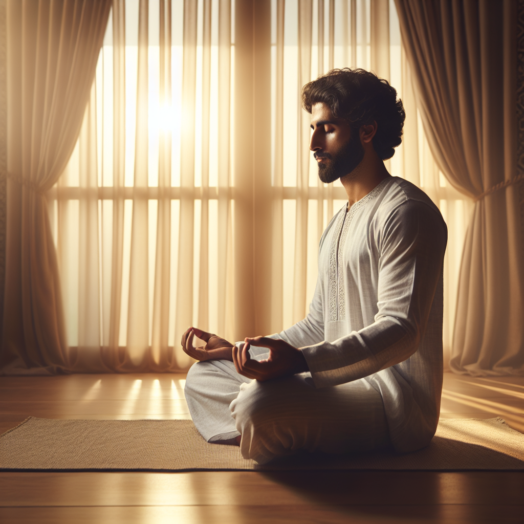 An image of a person sitting peacefully on a cushion in a serene room at dawn, eyes closed, hands resting gently on knees in a meditation posture. Soft morning sunlight filters through sheer curtains, casting a warm glow. The atmosphere exudes calmness and focus, highlighting the practice of mindful breathing at the start of the day.