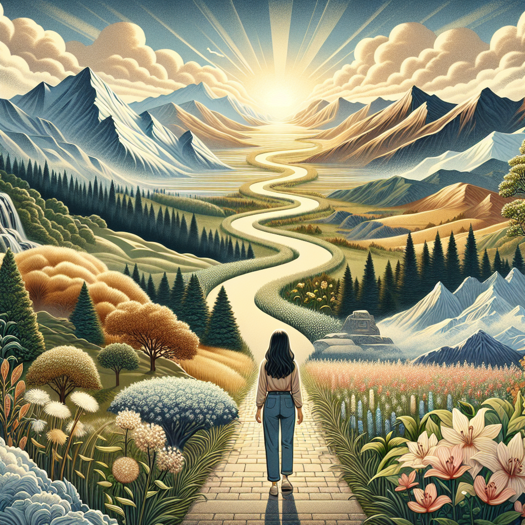 An illustration of a person standing at the beginning of a winding path that leads through various landscapes—mountains, forests, and open fields—symbolizing the unpredictable yet rewarding journey of self-discovery. The horizon ahead is illuminated with a soft, golden light suggesting hope and endless possibilities.