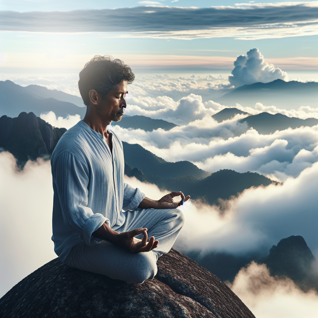 An individual sitting peacefully in the lotus position atop a calm mountain peak, surrounded by clouds. The person is enveloped in a soft glow of early morning light, symbolizing enlightenment and serenity associated with mindfulness practice.