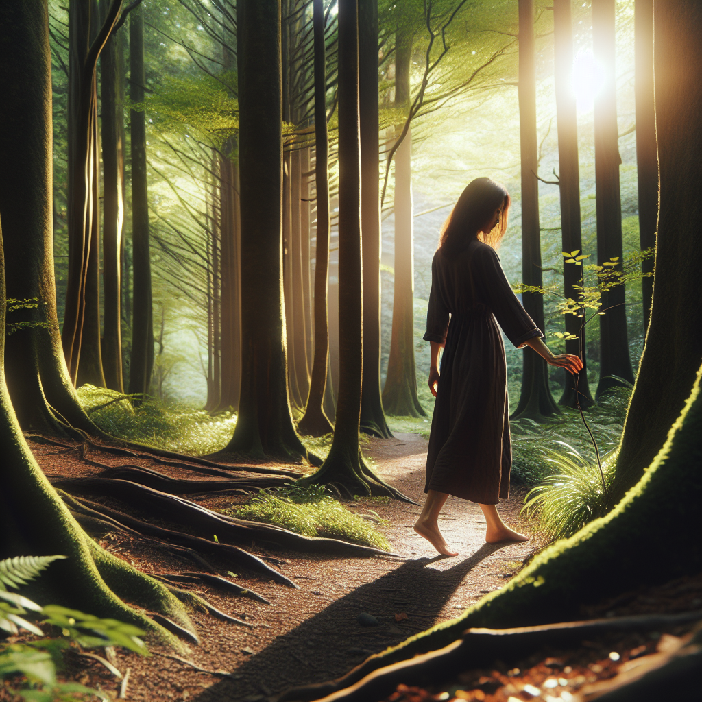 An image of a person walking barefoot along a forest path, surrounded by tall trees with sunlight filtering through the leaves. The individual pauses to touch a branch, symbolizing a deep connection and harmony with the natural world.