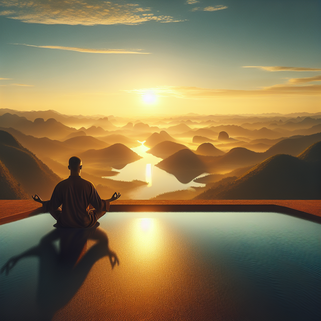 A serene scene of a person sitting cross-legged on a mountaintop at sunrise, eyes closed in meditation. The expansive view overlooks a tranquil landscape of rolling hills and a calm lake below, bathed in soft golden light. This image embodies the tranquility and focus achieved through mindful meditation.