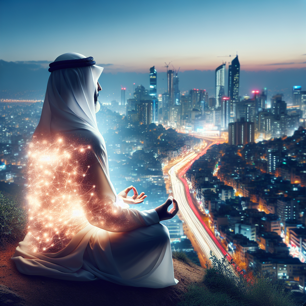 An individual sitting peacefully in meditation atop a hill overlooking a bustling city skyline at dusk. The person is illuminated by a soft, warm glow emanating from within, symbolizing their inner light amidst the chaos of modern life below. The contrasting images of tranquility and hustle represent finding inner peace in a busy world.
