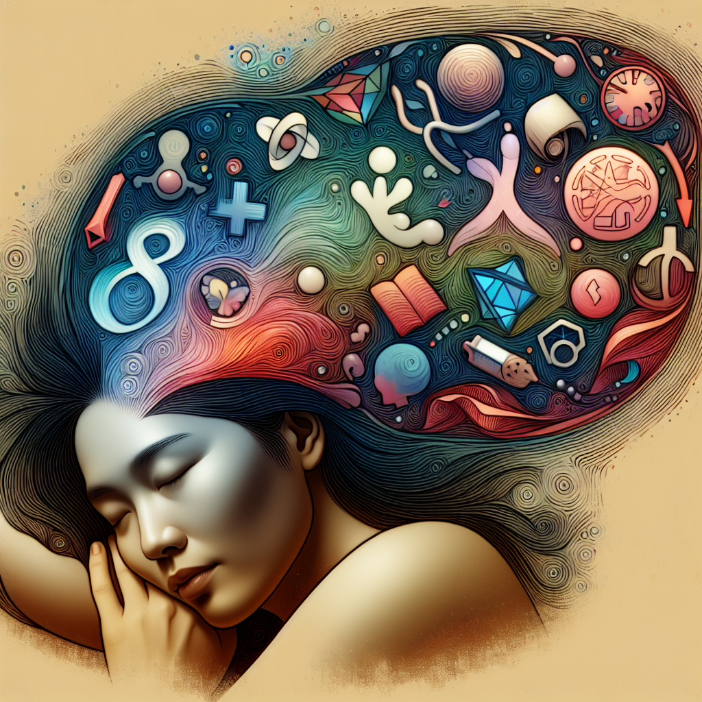 An ethereal illustration of a person sleeping peacefully with a translucent window into their mind revealing a vivid tapestry of symbols, emotions, and abstract images swirling together, representing the inner workings of the subconscious being expressed through dreams.