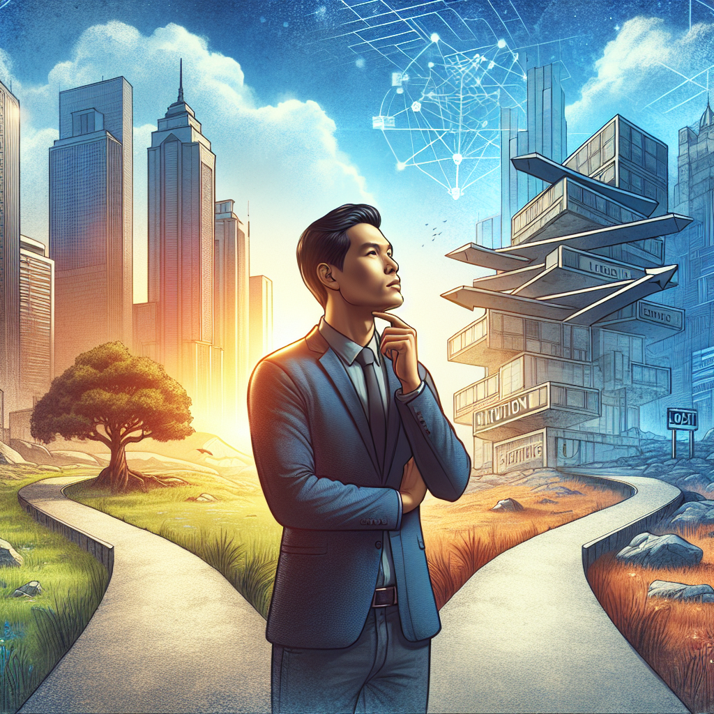 An illustration of a person standing at a crossroads, with one path leading towards a cityscape representing logic and structure, and another path leading towards a serene landscape symbolizing intuition and inner peace. The person looks contemplative, highlighting the choice between solely relying on reason versus embracing intuition.