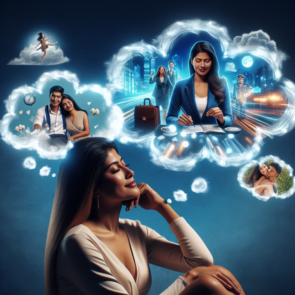 An individual sitting peacefully with eyes closed, surrounded by glowing thought bubbles depicting their aspirations such as career achievements, loving relationships, and adventurous travels; illustrating the vivid mental imagery of goal visualization.