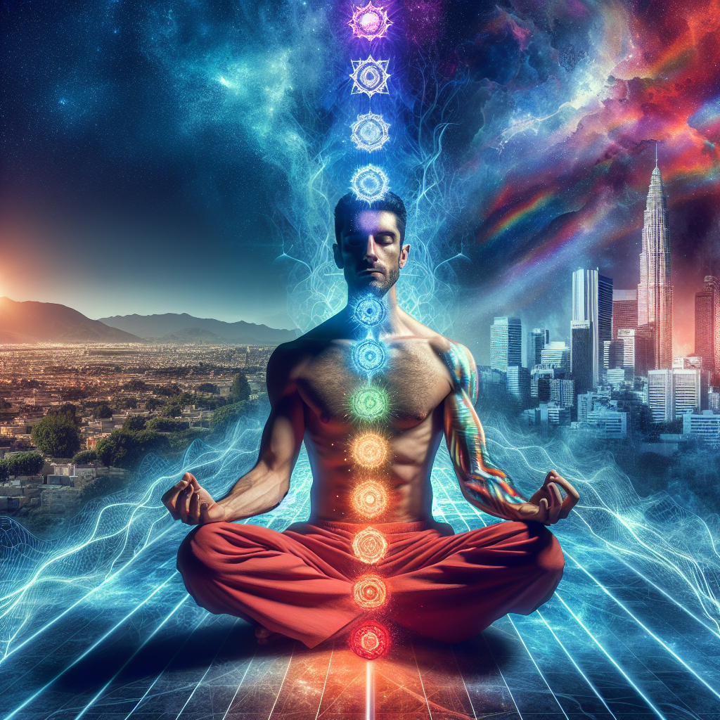 An illustration of a person seated in lotus position, meditating with eyes closed. Along their spinal column, seven glowing chakras are aligned, each radiating its associated color—from red at the base to violet at the crown. The background depicts a transition from a chaotic cityscape fading into a peaceful natural scene, symbolizing finding inner harmony in a chaotic world.