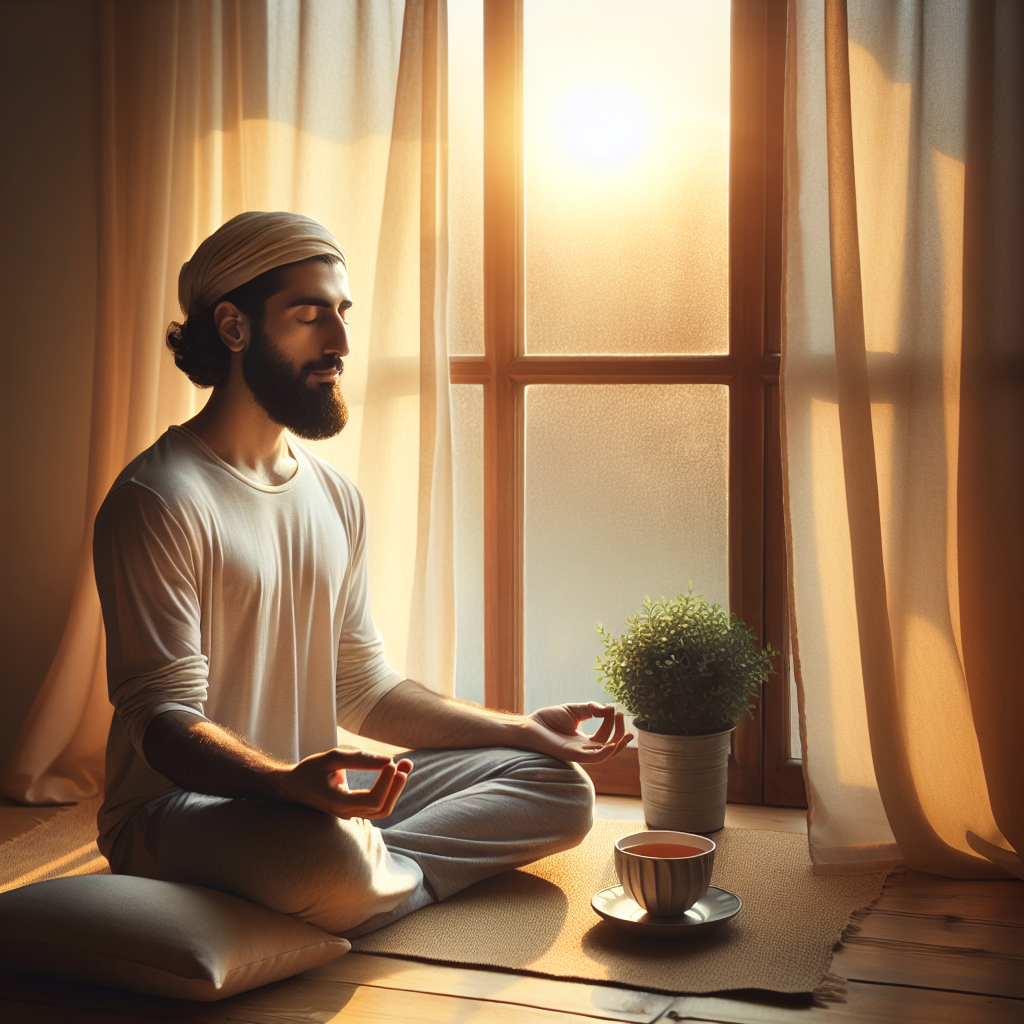A serene morning scene of a person sitting cross-legged on a cushion by a large window, eyes gently closed, hands resting on their knees in a meditative posture. Soft dawn light filters through sheer curtains, casting a warm glow. A steaming cup of herbal tea and a small potted plant are nearby, symbolizing a peaceful and mindful start to the day.
